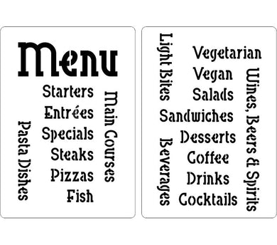 Menu stencil including courses and categories of food such as Vegan