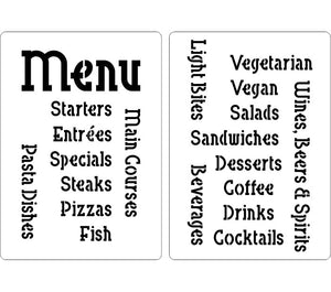 Menu stencil including courses and categories of food such as Vegan